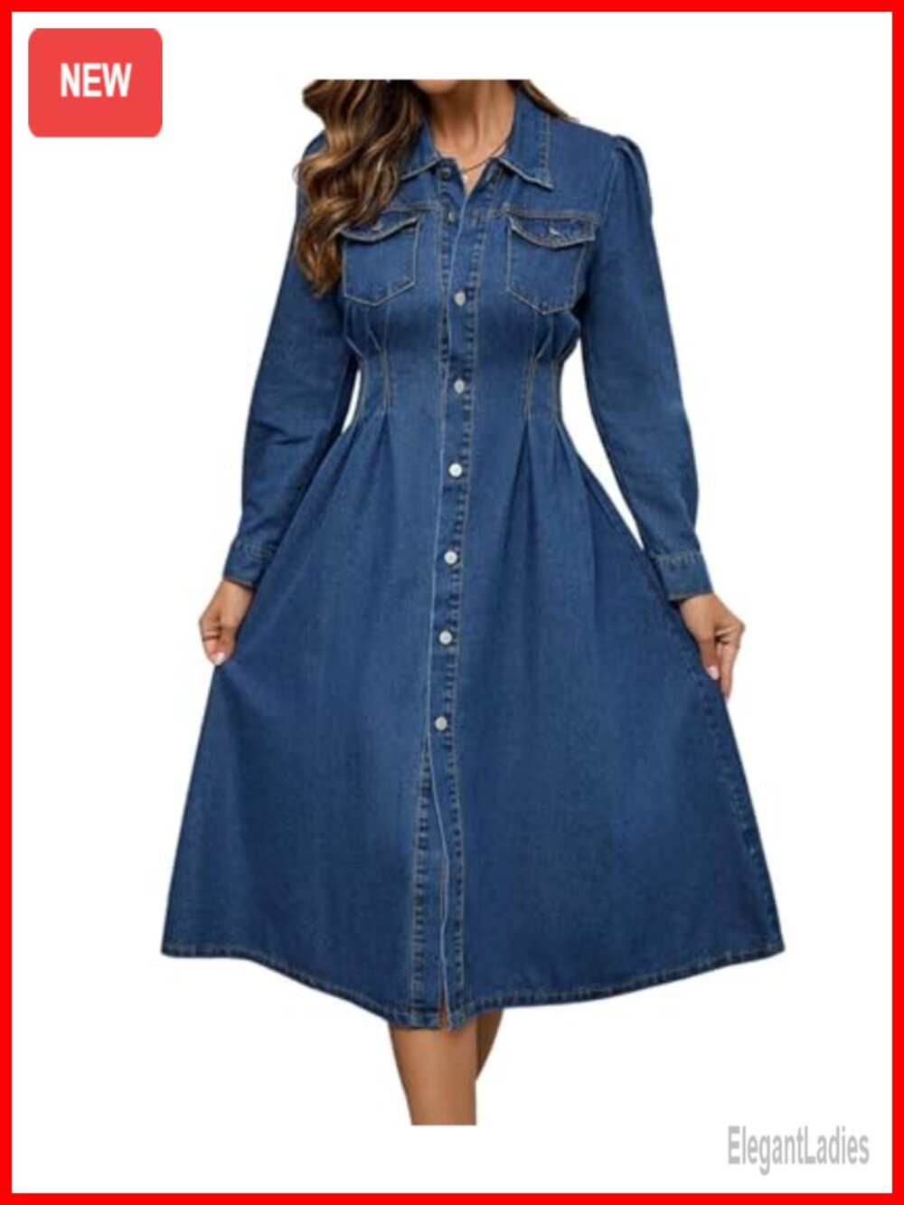 Women's Button Down Denim Long Dress Long Sleeve Ruched High Waist Jean Dress